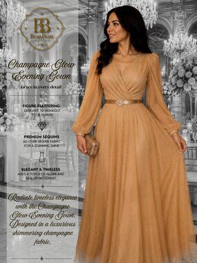 Champagne Glitter Evening Gown | Long Sleeve Formal Wedding Guest Dress